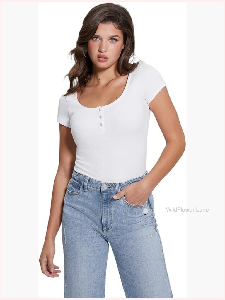 Short Sleeve Jewel Button Henley Blouse